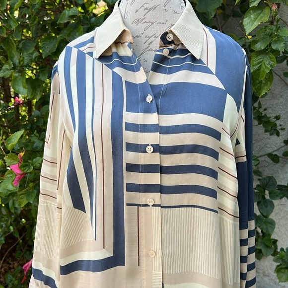 Lafayette 148 New York Abstract Striped Geometric Silk Satin Button Down Blouse - Picture 2 of 8